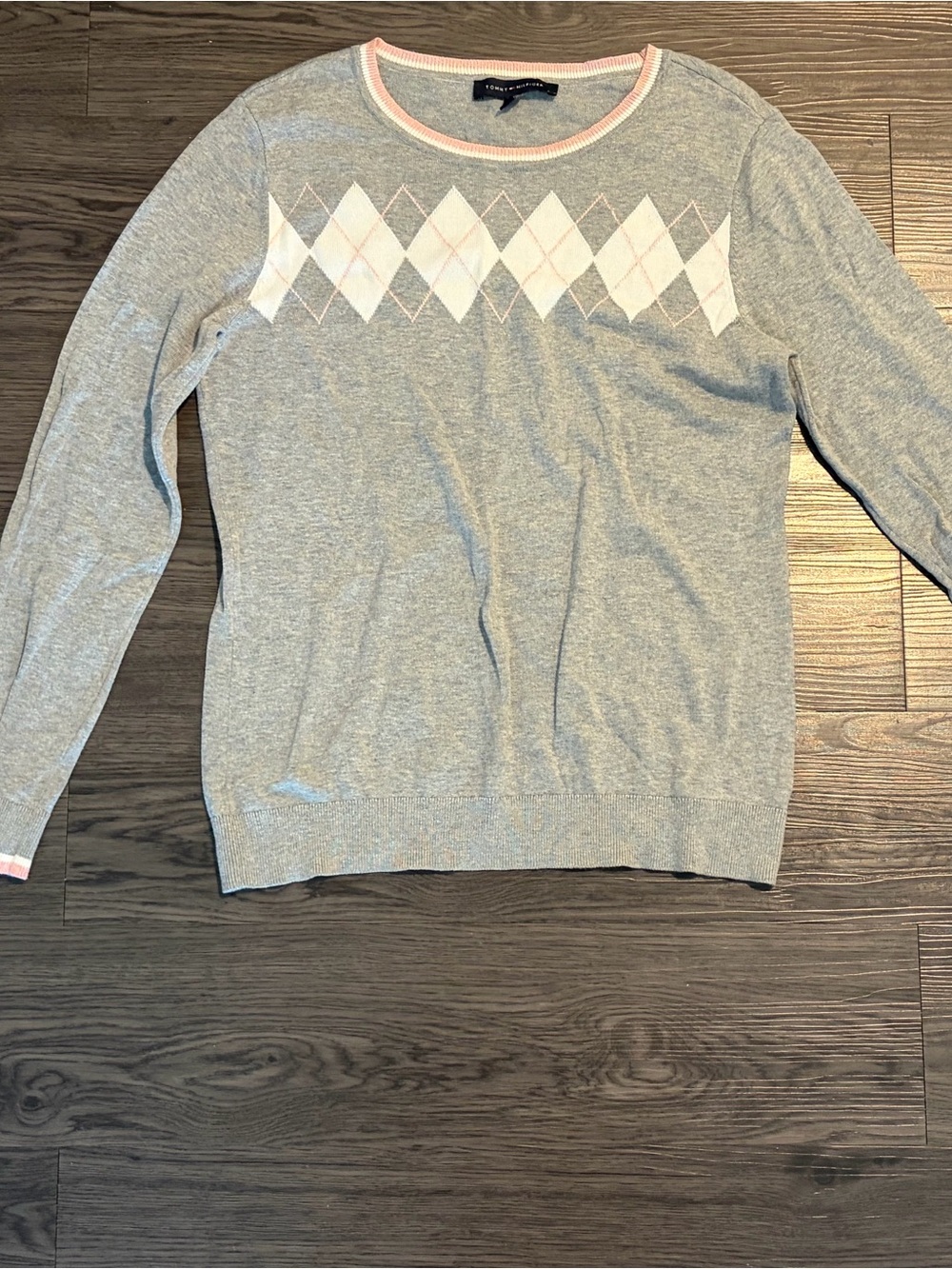 Tommy Hilfiger Light Gray Crewneck Sweater with Pink Trim and White Argyle